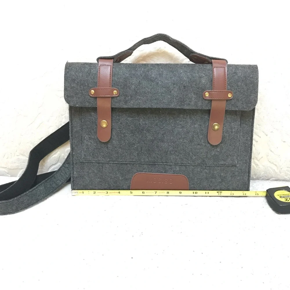 Charcoal Felt Laptop Shoulder Bag with Faux Leather Accents - 13-13.3 inch